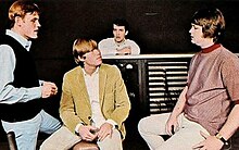 Tony Asher (in the back) with Bruce Johnston (left), Terry Melcher (middle) and Brian Wilson (right) in early 1966