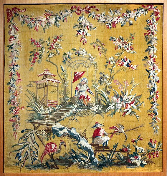 File:Aubusson, su disegno di jean pillement, il cacciatore d'uccelli, xviii secolo.jpg