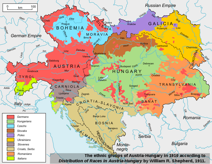 A map of ethnic groups in Austria-Hungary in 1910. Austrian leaders believed that irredentism by ethnic Croats and Serbs, abetted by their co-ethnics in Serbia, was an existential threat to the Empire.