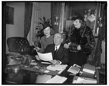 Speaker of the House William B. Bankhead welcomes his famous daughter to his office in 1937