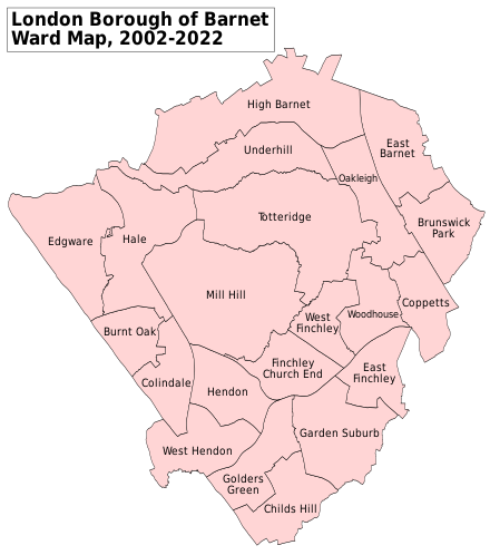 A map showing the wards of Barnet since 2002