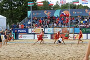 Deutsch: Beachhandball Europameisterschaften 2019 (Beach handball Euro); Tag 6: 7. Juli 2019 – Spiel um Platz Drei, Männer, Ungarn-Russland 2:0 (26:20, 23:22) English: Beach handball Euro; Day 6: 7 July 2019 – Men's Bronze Medal Match – Hungary-Russia 2:0 (26:20, 23:22)