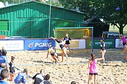 Deutsch: Beachhandball Europameisterschaften 2019 (Beach handball Euro); Tag 1: 2. Juli 2019 – Frauen, Vorrunde Gruppe C, Italien-Griechenland 0:2 (16:28, 10:13) English: Beach handball Euro; Day 1: 2 July 2019 – Women Preliminary Round Group C – Italy-Greece 0:2 (16:28, 10:13)