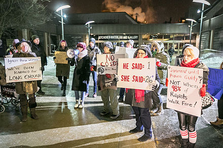 Demonstrators protesting against Bill Cosby in Kitchener, Ontario, Canada
