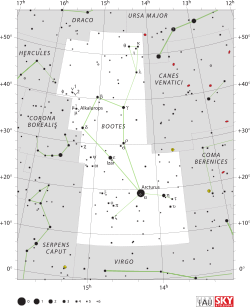 Diagram showing star positions and boundaries of the Boötes constellation and its surroundings