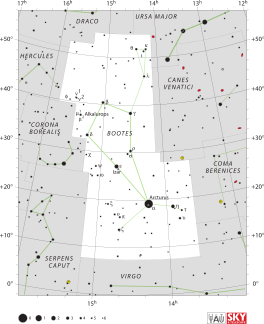 Die ligging van die sterrestelsel CEERS-93316 aan die bokant en net regs van die middel van die sterrebeeld Veewagter.