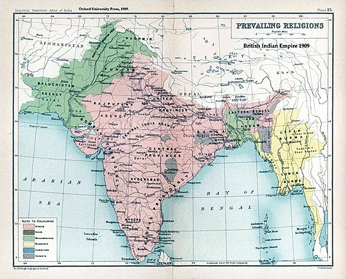 מפה המתארת את חלוקת הודו לפי דתות (אדום; הינדואיזם, ירוק; אסלאם וצהוב; בודהיזם), 1909.