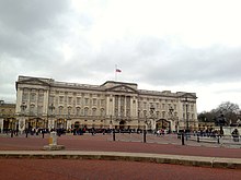 Union Flag flies at half-mast over Buckingham Palace after the death of Baroness Thatcher. Buckingham Palace Flag Half Mast.jpg