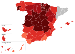 Počet potvrzených případů na milion obyvatel v provinciích (data z 18. dubna, počítají se pouze potvrzené případy):      Bez dat      Méně než 99 případů      100–249 případů      250–499 případů      500–999 případů      1,000–2,999 případů      3,000–4,999 případů      Více než 5,000 případů Data nejsou dostupná pro provincie Lleida, Girona, Barcelona a Tarragona.