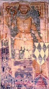 1429 fresco depicting Domitian, Millstatt church Carinthia Millstatt Dometian Fresco 1429 BW.jpg