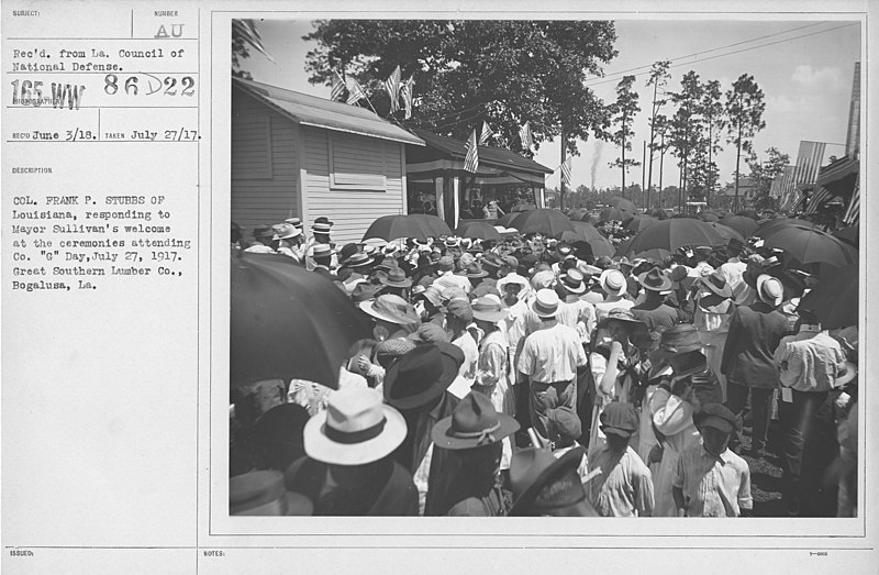 File:Ceremonies and Parades - Col. Frank P. Stubbs of Louisiana, responding to Mayor Sullivan's welcome at the ceremonies attending Co. "G" Day, July 27, 1917, Great Southern Lumber Co., Bogalusa, La - NARA - 23924037.jpg