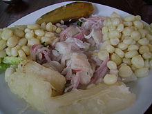 Ceviche lenguado (Sole) with boiled choclo Ceviche de lenguado.JPG
