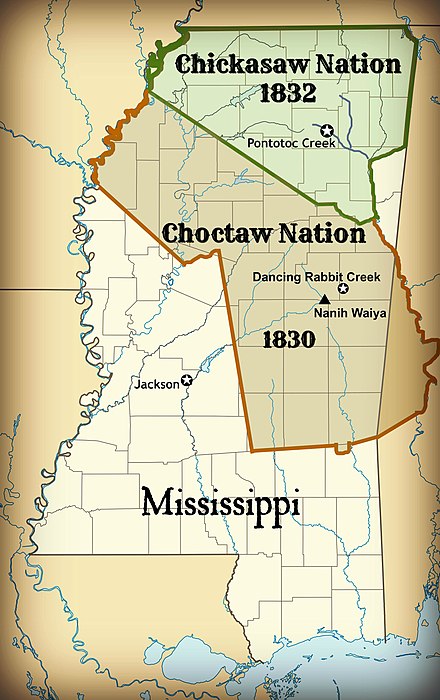Chickasaw and Choctaw territory in Mississippi; the remaining lands ceded in the 1830s in the Treaty of Pontotoc Creek and the Treaty of Dancing Rabbit Creek.