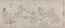 A tug of war in Japan from "Choju-jinbutsu-giga" (Animal-person Caricatures) 12-13th century Chouju tugwar.jpg