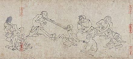 A tug of war in Japan from "Chōjū-jinbutsu-giga" (Animal-person Caricatures)　12-13th century