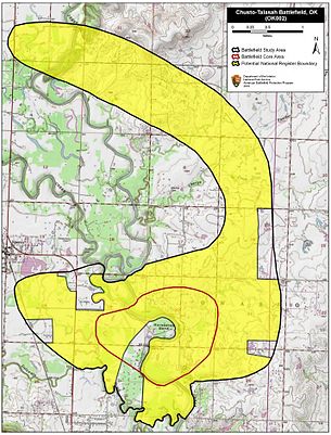 Map of Chusto-Talasah Battlefield core and study areas by the American Battlefield Protection Program. Chusto-Talasah Battlefield Oklahoma.jpg