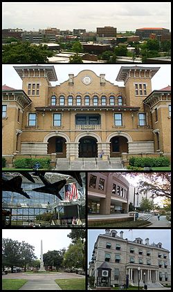 Zgodnie z ruchem wskazówek zegara od góry: panorama Pensacola, TT Wentworth, Jr. Florida State Museum, University of West Florida Library, gmach sądu hrabstwa Escambia, obelisk Williama Dudleya Chipleya, Narodowe Muzeum Lotnictwa Marynarki Wojennej