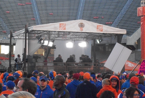 Boise State fans and the GameDay set inside of Bronco Stadium