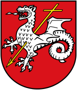 Les armes de Roetgen, basées sur les anciennes armes de Rott, et montrent le symbole de Saint Quirinus, le saint patron de Rott, qui, selon la légende, a tué un dragon avec une lance croisée