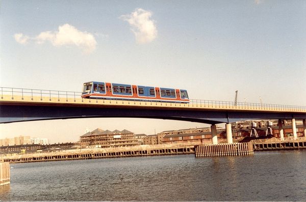 A first generation DLR train crosses West India Dock in September 1987