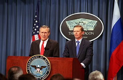 Rumsfeld with Russian Minister of Defense Sergei Ivanov on March 13, 2002. Russia actively supported the American war against terrorism.