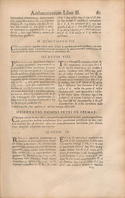 The 1670 edition of Diophantus's Arithmetica includes Fermat's commentary, referred to as his "Last Theorem" (Observatio Domini Petri de Fermat), post