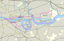 The Docklands area as administered by LDDC. Docklands map.svg