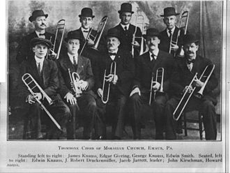 Trombone Choir of the Moravian Church in Emmaus, Pennsylvania, c.1900 Emaus-trombone-choir.jpg