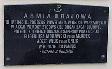 Plaque commemorating two Home Army soldiers killed during the Ghetto Action. Eugeniusz Morawski, Jozef Wilk, Akcja Getto (Tablica, Kosciol Jana Bozego w Warszawie).jpg