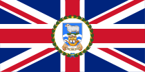 Uma bandeira da União desfigurada com o brasão das Ilhas Malvinas
