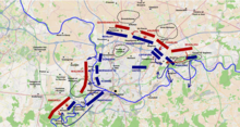 The battle of Fleurus, 10am-1pm. On the left, Kleber counterattacks Waldeck with Duhesme's division in three columns, while Montaigu sends Poncet's brigade back across the Sambre to counterattack Prince Frederic. On the right, Beaulieu shatters Marceau's corps, forcing Lefebvre to defend both Campinaire and Lambusart against both him and Archduke Charles. Kaunitz puts pressure on Championnet. Fleurus10-1pm.png