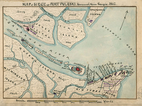 an island map showing (a) fort in the center, and Union batteries on (b) two upriver islands, (c) one on a north coastal island, and (c) eleven east on Tybee Island