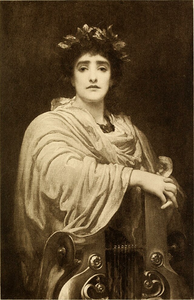 Monochrome reproduction of a painting of a woman with a lyre and a crown of leaves