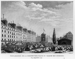 The fountain as it appeared in 1791 when the French constitution was proclaimed on the Marche des Innocents French constitution proclamation 1791.jpg