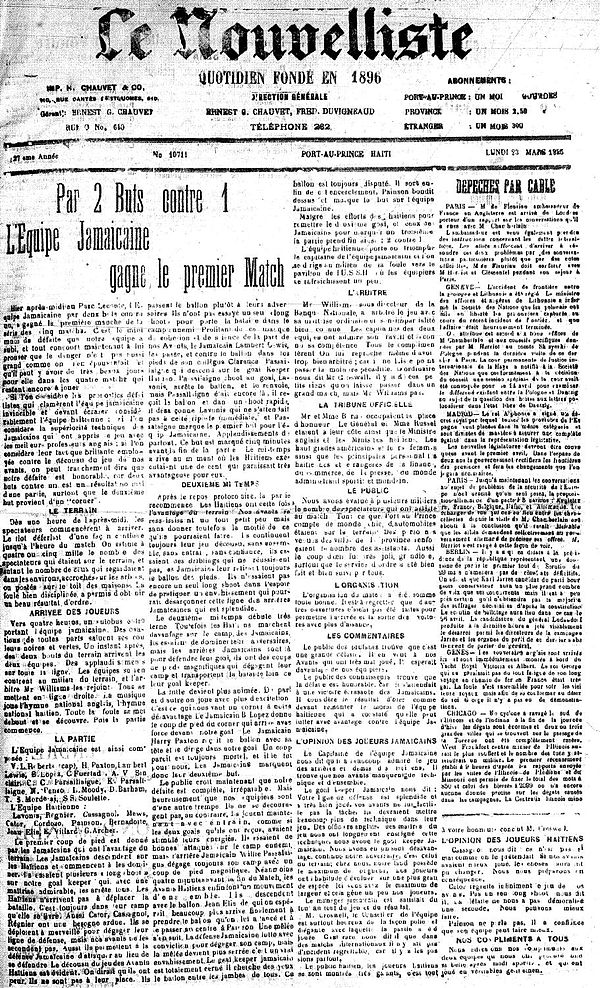 Le Nouvelliste (a Haitian newspaper) of 25 March 1925 describing the encounter between Haiti and Jamaica, who played their first official match on 22 