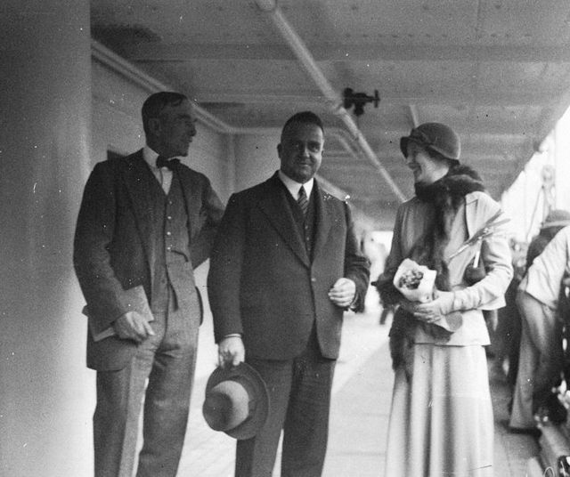 Sir Philip and Lady Game are farewelled by Premier Stevens on board RMS Niagara, upon their departure on 15 January 1935.