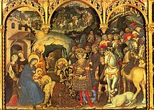 Gentile da Fabriano's Adoration of the Magi (1423-5)
Tempera on wood, 300 x 282 cm. Gentile da Fabriano 002.jpg