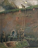 Painting by George Edmund Butler showing New Zealand troops scaling a wall of the Le Quesnoy fort during the Battle of the Sambre. George Edmund Butler -The scaling of the walls of Le Quesnoy.jpg