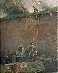 The painter George Edmund Butler's oil painting "The scaling of the walls of Le Quesnoy". The New Zealand troops’ last major action of the First World War was the capture of Le Quesnoy in November 1918, a week before the armistice. They scaled ladders set against the ancient walls of the old fortress town.