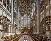 The quire with the Great East Window behind - in 1350, when installed, it was the largest window in the world