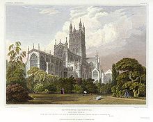Gloucester Cathedral in 1828. engraved by J.LeKeux after a picture by W.H.Bartlett.jpg