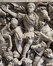 Detail from the Ludovisi battle sarcophagus showing a draco (top right, above the horse's head) Grande Ludovisi Altemps Inv8574 n8.jpg