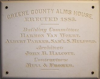 Building Plaque from the Greene County Office Building, Cairo, New York, formerly the Greene County Alms House. Greene County Alms House - Building Plaque (1883) - Cairo, NY - 2008-06-06.JPG