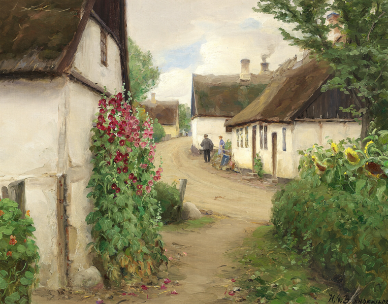 File:Hans Andersen Brendekilde - Sommerdag i en landsbygade med solsikker og røde stokroser.png