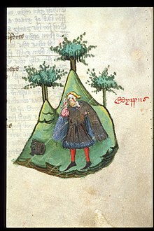 Miniature of Oedipus, dressed in royal garments, tearing out his own eyes, from John Lydgate's The Fall of Princes, England (Bury St Edmunds?), c. 1450 - c. 1460, Harley MS 1766, f. 48r Harley MS 1766, f. 48r - Oedipus.jpg