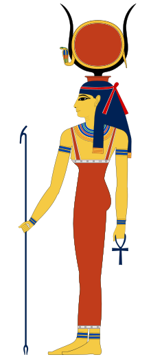 Profile of a woman in ancient Egyptian clothing. She has yellow skin and bears on head a pair of cow horns, between which sits a red disk encircled by a cobra. She holds a forked staff in one hand and an ankh sign in the other.