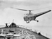 A Westland WS-51 Dragonfly coming in to land on the ship's foc'sle HelicopterLandingVanguardlarge.jpg