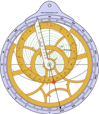 Arcturus s'ha situat sobre l'almucantarat de 45°. Si es fa girar l'índex fins al Sol (en vermell), assenyalarà l'hora sobre la corona, en aquest exemple les 23:05.