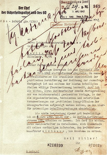 Follow-up letter from Reinhard Heydrich to the German diplomat Martin Luther asking for administrative assistance in the implementation of the Final S