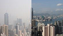 On two cloud-free days, the haze situation can differ dramatically depending on the season and therefore on the direction of the wind. Hong kong haze comparison.jpg